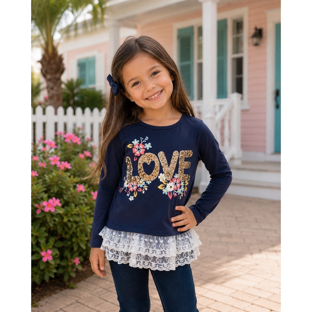 Tommy Bahama Girls 4 XS Navy LOVE Sequin Floral Lace Hem Long Sleeve Top